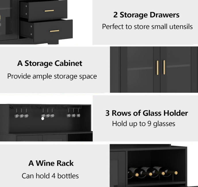Wine Bar Cabinet with LED Light, Home Coffee Cabinet with Wine and Glass Rack, Kitchen Buffet Sideboard with Storage Cabinet&Drawers, Modern Liquor Cabinet for Living Room Dining Room (Black)
