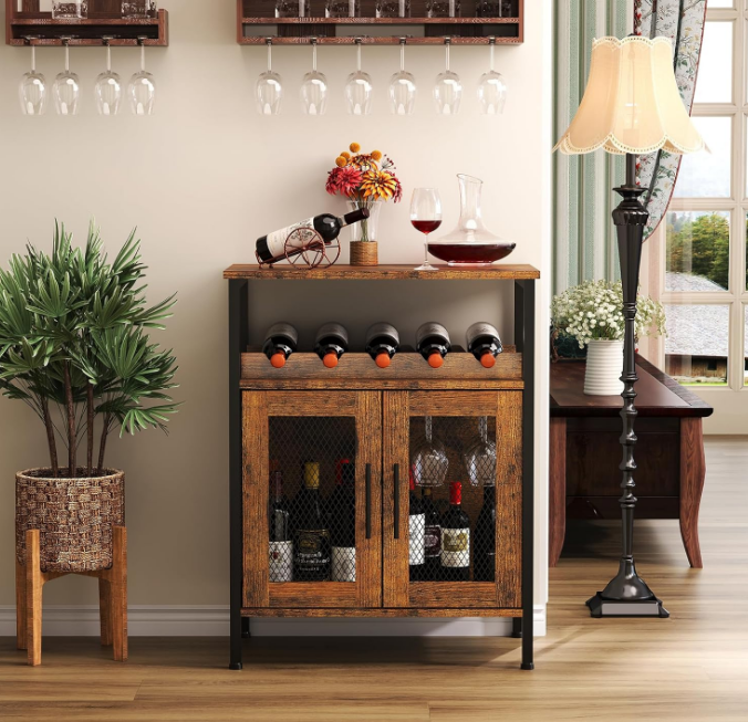Wine Bar Rack Cabinet with Detachable Wine Rack, Coffee Bar Cabinet with Glass Holder, Small Sideboard and Buffet Cabinet with Mesh Door, Rustic Brown(Patent Pending)