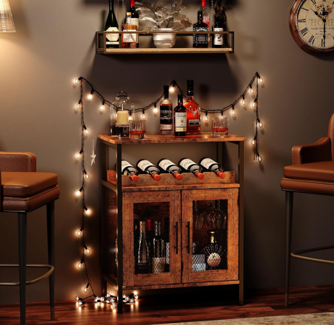 Wine Bar Rack Cabinet with Detachable Wine Rack, Coffee Bar Cabinet with Glass Holder, Small Sideboard and Buffet Cabinet with Mesh Door, Rustic Brown(Patent Pending)