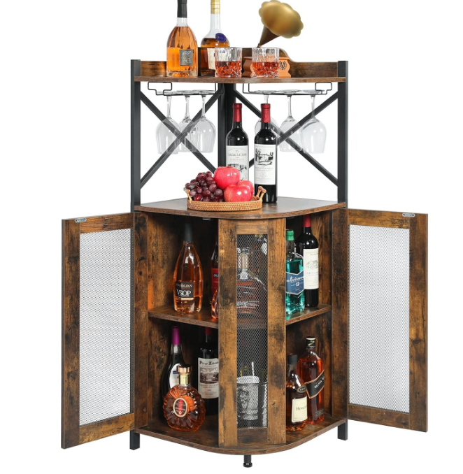 Corner Bar Cabinet with Glass Holder, Industrial Wine Cabinet with Mesh Door, Liquor Bar Cabinet with Adjustable Shelf, Home Bar for Liquor and Wine Storage, Rustic Brown