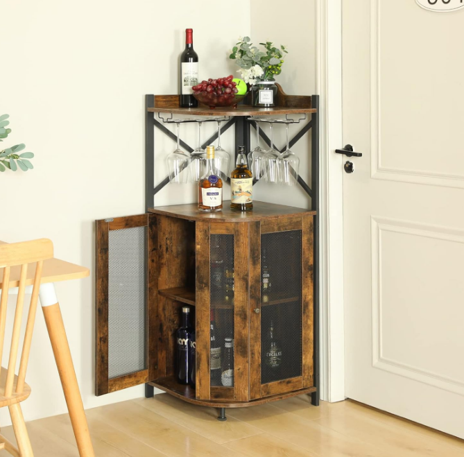Corner Bar Cabinet with Glass Holder, Industrial Wine Cabinet with Mesh Door, Liquor Bar Cabinet with Adjustable Shelf, Home Bar for Liquor and Wine Storage, Rustic Brown