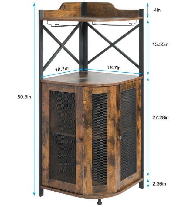 Corner Bar Cabinet with Glass Holder, Industrial Wine Cabinet with Mesh Door, Liquor Bar Cabinet with Adjustable Shelf, Home Bar for Liquor and Wine Storage, Rustic Brown