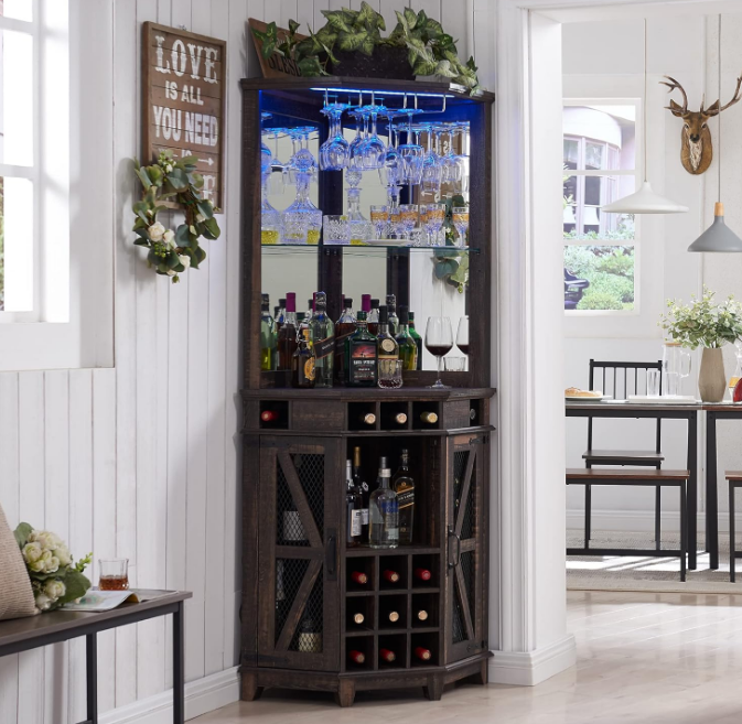 Corner Bar Storage Cabinet, 72" Tall Farmhouse Wine Bar Cabinet w/Barn Door & Adjustable Shelf, Home Bar Cabinet w/LED Light & Glass Rack for Dining Room, Living Room, Kitchen, Dark Rustic Oak