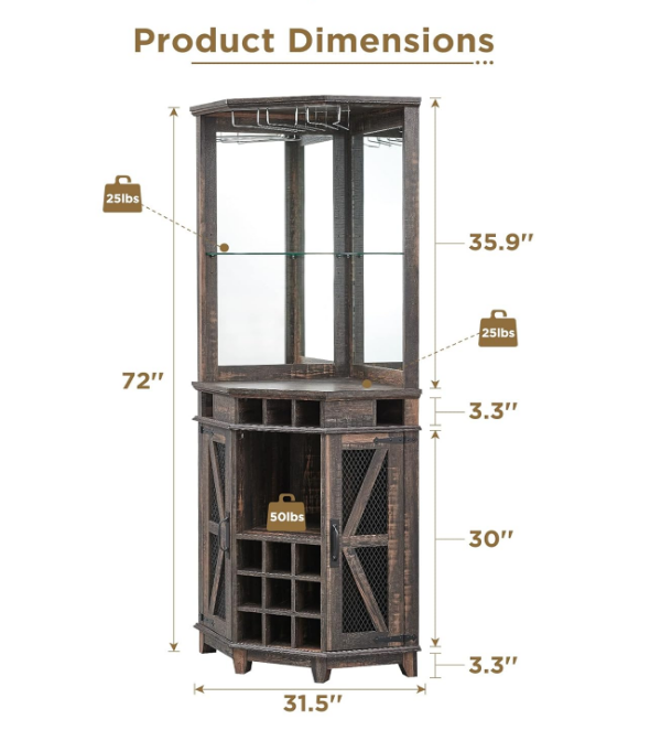 Corner Bar Storage Cabinet, 72" Tall Farmhouse Wine Bar Cabinet w/Barn Door & Adjustable Shelf, Home Bar Cabinet w/LED Light & Glass Rack for Dining Room, Living Room, Kitchen, Dark Rustic Oak