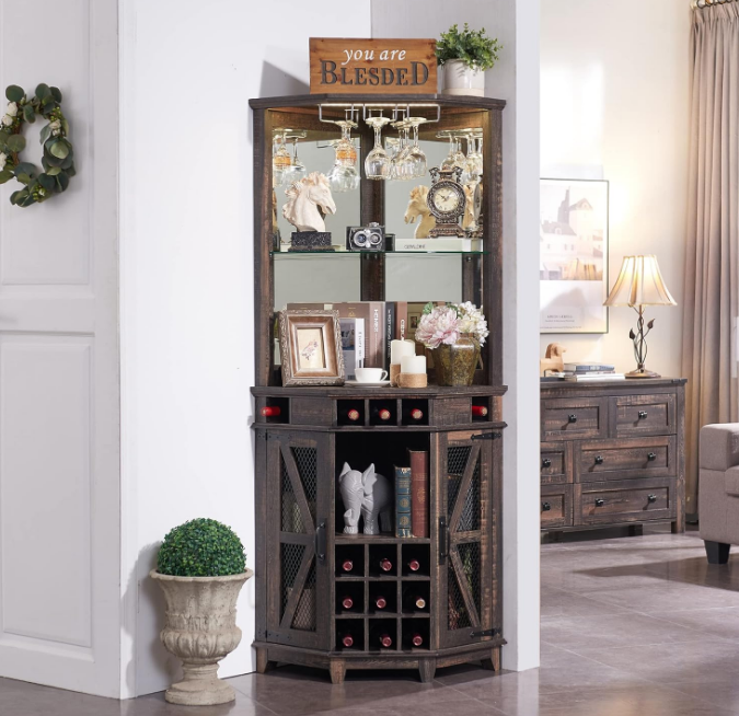 Corner Bar Storage Cabinet, 72" Tall Farmhouse Wine Bar Cabinet w/Barn Door & Adjustable Shelf, Home Bar Cabinet w/LED Light & Glass Rack for Dining Room, Living Room, Kitchen, Dark Rustic Oak