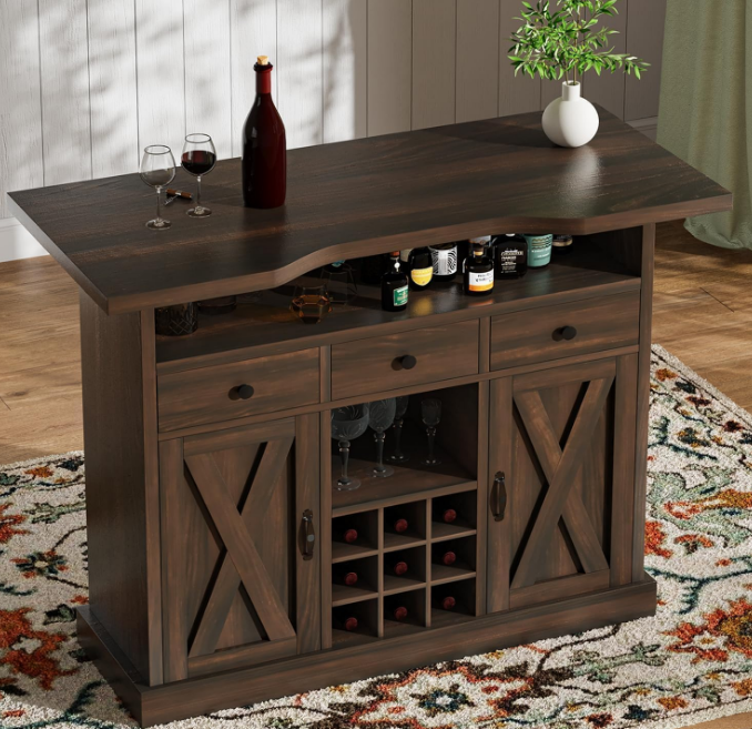 Farmhouse Home Bar Unit with 4-Tier Storage, 52 Inch Home Bar Table with 3 Drawers and 9 Wine Racks, Wine and Liquor Cabinet with Barn Door and Footrest, Indoor Bars for Home (Dark Oak)