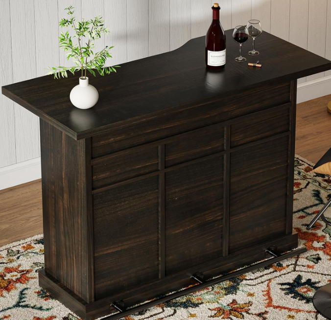 Farmhouse Home Bar Unit with 4-Tier Storage, 52 Inch Home Bar Table with 3 Drawers and 9 Wine Racks, Wine and Liquor Cabinet with Barn Door and Footrest, Indoor Bars for Home (Dark Oak)
