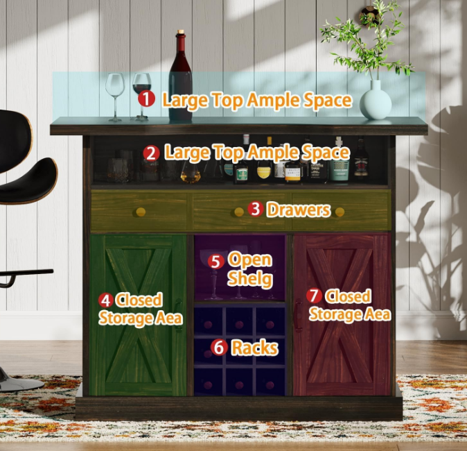 Farmhouse Home Bar Unit with 4-Tier Storage, 52 Inch Home Bar Table with 3 Drawers and 9 Wine Racks, Wine and Liquor Cabinet with Barn Door and Footrest, Indoor Bars for Home (Dark Oak)