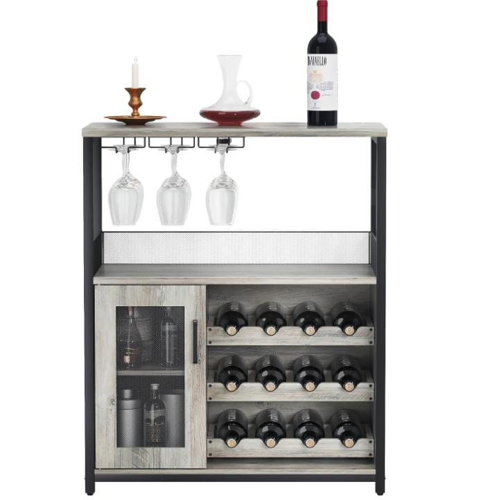 Wine Bar Rack Cabinet with Detachable Wine Rack, Bar Cabinet with Glass Holder, Small Sideboard and Buffet Cabinet with Mesh Door (Grey)