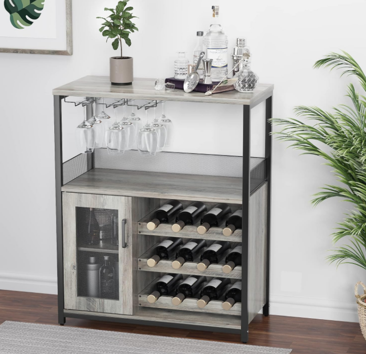 Wine Bar Rack Cabinet with Detachable Wine Rack, Bar Cabinet with Glass Holder, Small Sideboard and Buffet Cabinet with Mesh Door (Grey)