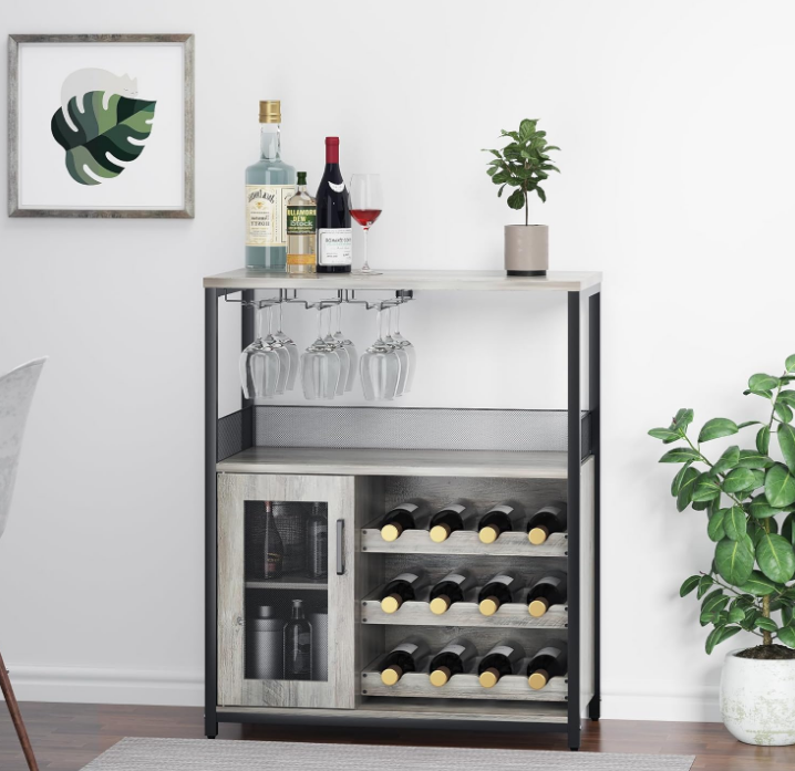 Wine Bar Rack Cabinet with Detachable Wine Rack, Bar Cabinet with Glass Holder, Small Sideboard and Buffet Cabinet with Mesh Door (Grey)