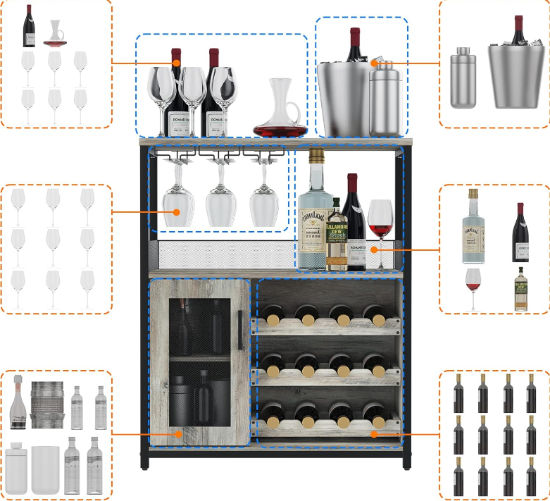 Wine Bar Rack Cabinet with Detachable Wine Rack, Bar Cabinet with Glass Holder, Small Sideboard and Buffet Cabinet with Mesh Door (Grey)