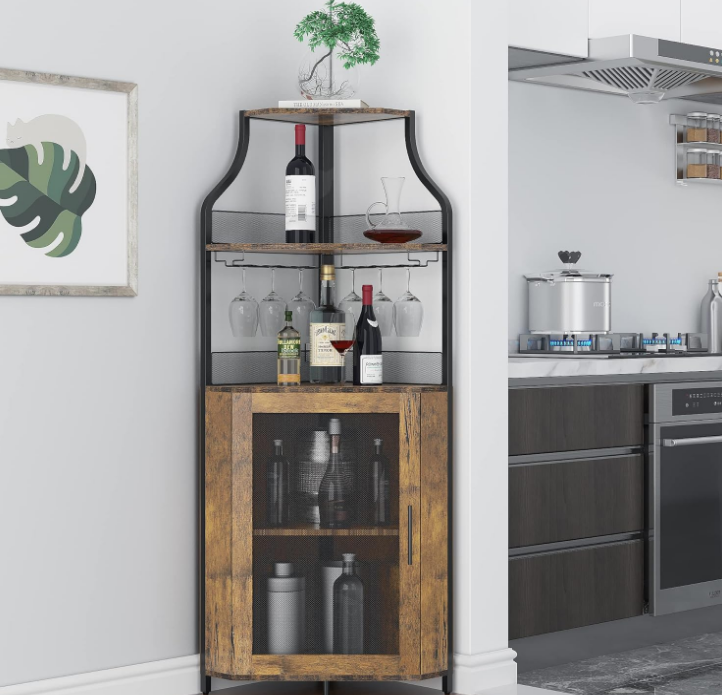 Corner Bar Cabinet, Wine Bar Cabinet with Large Storage Space and Detachable Wine Rack, Wine Cabinets with Glass Holder and Mesh Door for Dining Room, Living Room, Kitchen(Rustic Brown)