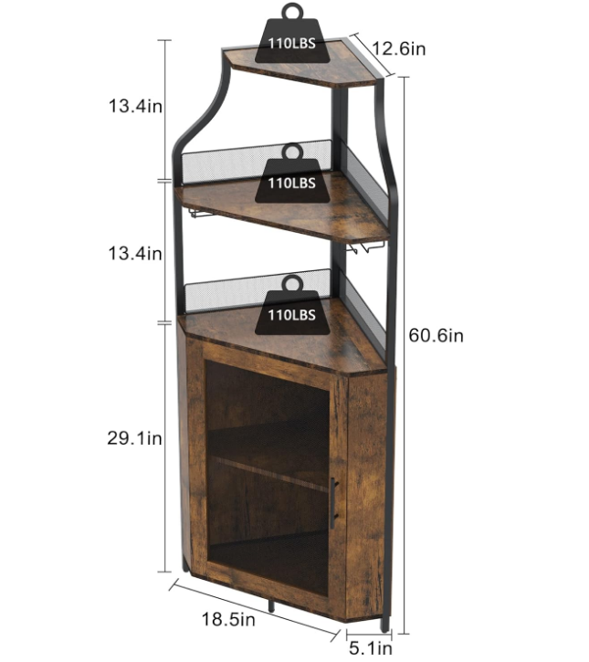 Corner Bar Cabinet, Wine Bar Cabinet with Large Storage Space and Detachable Wine Rack, Wine Cabinets with Glass Holder and Mesh Door for Dining Room, Living Room, Kitchen(Rustic Brown)