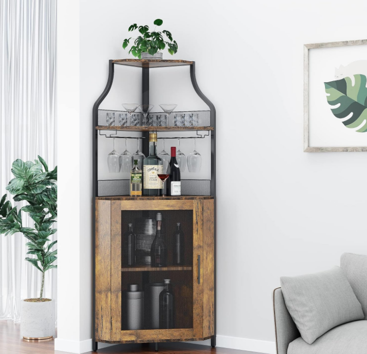 Corner Bar Cabinet, Wine Bar Cabinet with Large Storage Space and Detachable Wine Rack, Wine Cabinets with Glass Holder and Mesh Door for Dining Room, Living Room, Kitchen(Rustic Brown)