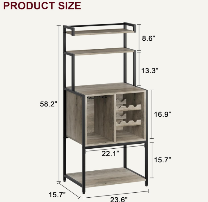 Wine Bar Rack Cabinet, Freestanding Wine Cabinet with Glass Rack Wine Bottle Holders, Industrial Bakers Rack, Tall Liquor Cabinet with Storage for Kitchen Living Dining Room, Rustic Gray