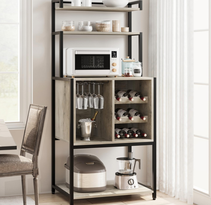 Wine Bar Rack Cabinet, Freestanding Wine Cabinet with Glass Rack Wine Bottle Holders, Industrial Bakers Rack, Tall Liquor Cabinet with Storage for Kitchen Living Dining Room, Rustic Gray