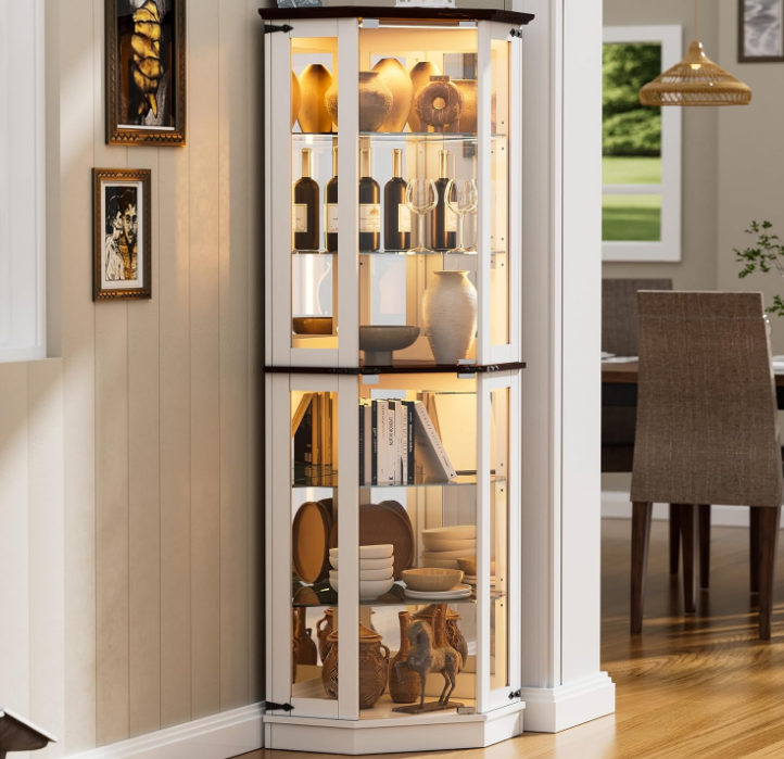 71'' Farmhouse Display Curio Cabinet with LED Lights,Tempered Glass Doors,6 Shelves,Floor Standing Display Cage Corner Wine Cabinet Storage Rack for Bar and Liquor Storage,White