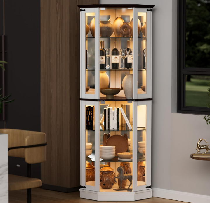 71'' Farmhouse Display Curio Cabinet with LED Lights,Tempered Glass Doors,6 Shelves,Floor Standing Display Cage Corner Wine Cabinet Storage Rack for Bar and Liquor Storage,White