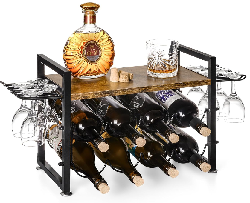 Wine Rack with Glass Holder, Countertop Wine Rack with Wooden Tray, Holds 8 Wine Bottles and 12 Glasses, Wine Holder Stand Metal Frame, Freestanding Wine Rack for Home Decor Kitchen Storage