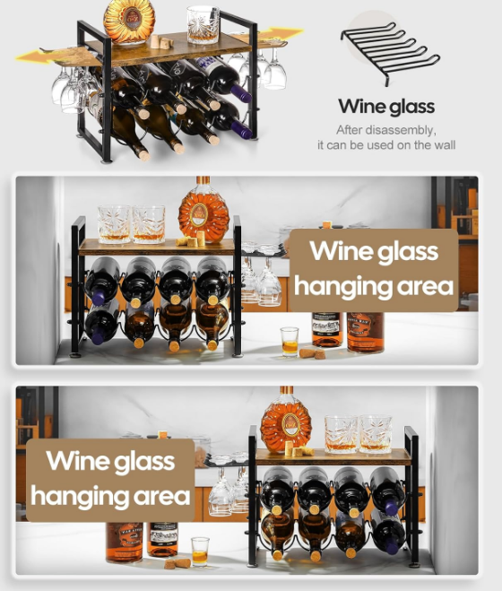 Wine Rack with Glass Holder, Countertop Wine Rack with Wooden Tray, Holds 8 Wine Bottles and 12 Glasses, Wine Holder Stand Metal Frame, Freestanding Wine Rack for Home Decor Kitchen Storage