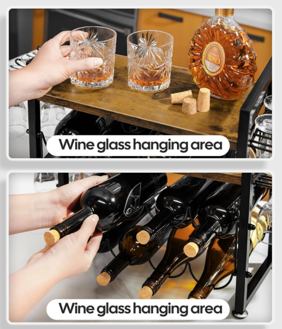 Wine Rack with Glass Holder, Countertop Wine Rack with Wooden Tray, Holds 8 Wine Bottles and 12 Glasses, Wine Holder Stand Metal Frame, Freestanding Wine Rack for Home Decor Kitchen Storage