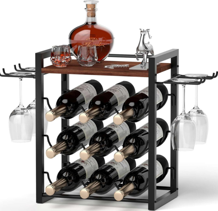 Wine Rack Countertop, Wooden Wine Stand with Tray, Holds 9 Wine Bottles and 4 Glasses, Freestanding Wine Rack for Home, Kitchen, Bar, Wine Cellar