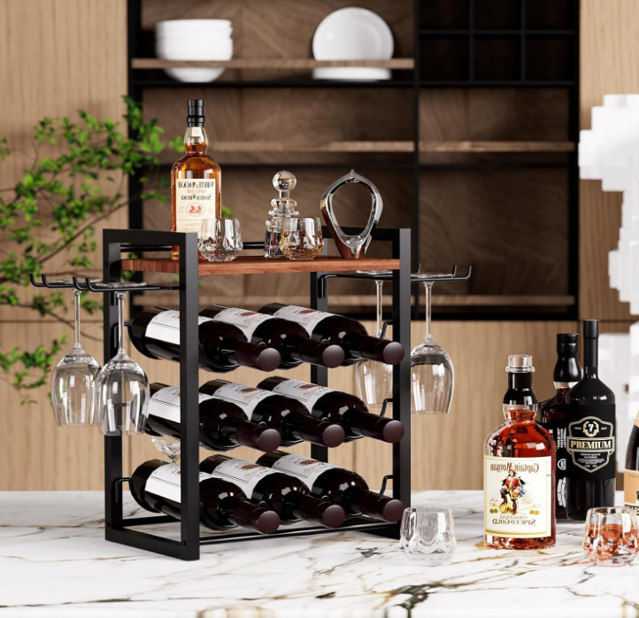 Wine Rack Countertop, Wooden Wine Stand with Tray, Holds 9 Wine Bottles and 4 Glasses, Freestanding Wine Rack for Home, Kitchen, Bar, Wine Cellar