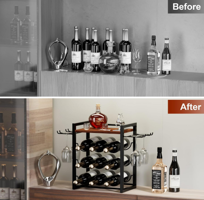 Wine Rack Countertop, Wooden Wine Stand with Tray, Holds 9 Wine Bottles and 4 Glasses, Freestanding Wine Rack for Home, Kitchen, Bar, Wine Cellar