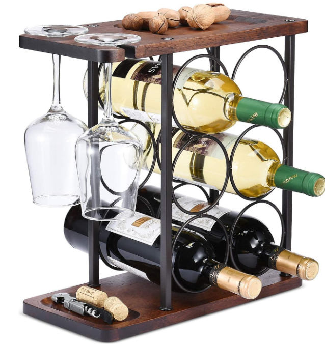 Wine Rack with Glass Holder, Countertop Wine Rack, Wooden Wine Holder with Tray, Perfect for Home Decor & Kitchen Storage Rack etc (Hold 6 Bottles and 2 Glasses)