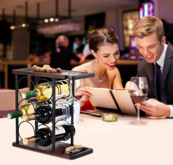 Wine Rack with Glass Holder, Countertop Wine Rack, Wooden Wine Holder with Tray, Perfect for Home Decor & Kitchen Storage Rack etc (Hold 6 Bottles and 2 Glasses)