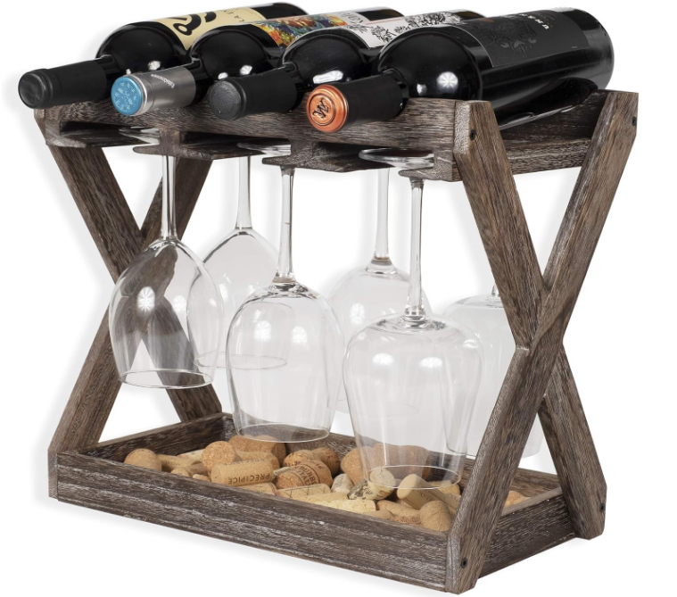Cava Countertop Solid Wood Wine Rack for 4 Bottles and 6 Stemware Glass Holder Cork Storage Tabletop Tray Freestanding Organizer - Home, Kitchen, Dining Room Bar Décor - Walnut