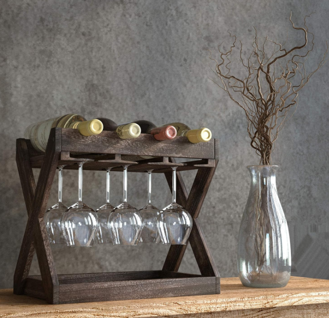 Cava Countertop Solid Wood Wine Rack for 4 Bottles and 6 Stemware Glass Holder Cork Storage Tabletop Tray Freestanding Organizer - Home, Kitchen, Dining Room Bar Décor - Walnut