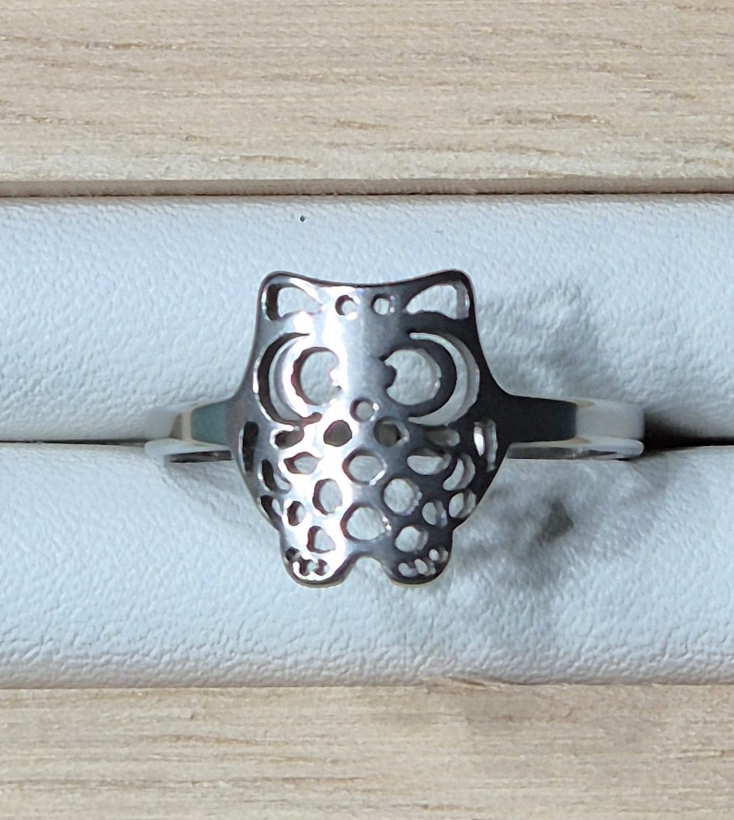 Anillo Acero Abierto Búho Plateado