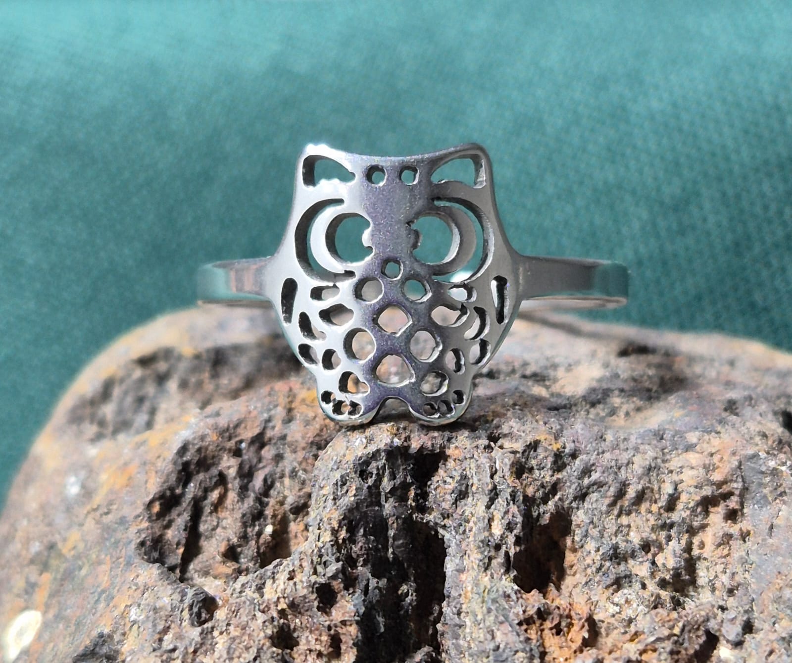 Anillo Acero Abierto Búho Plateado