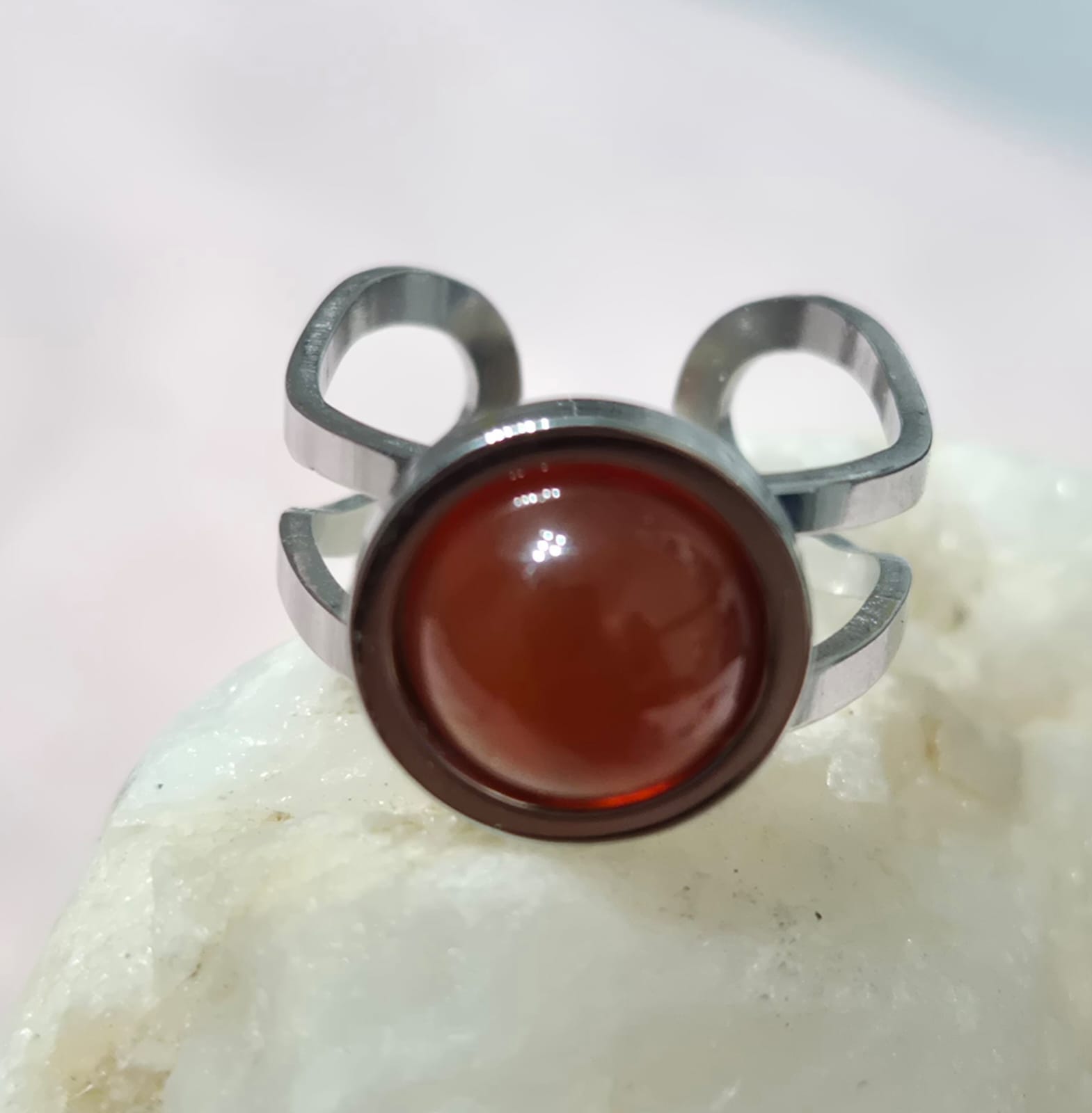 Anillo Acero Abierto Cornalina Plateado