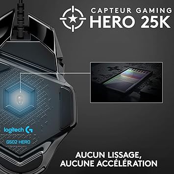 Logitech G502 HERO Souris Gamer Filaire Haute Performance, Capteur Gaming HERO 25K, 25 600 PPP, RVB, Poids Ajustable, 11 Boutons Programmables, Mémoire Intégrée, PC/Mac - Noire