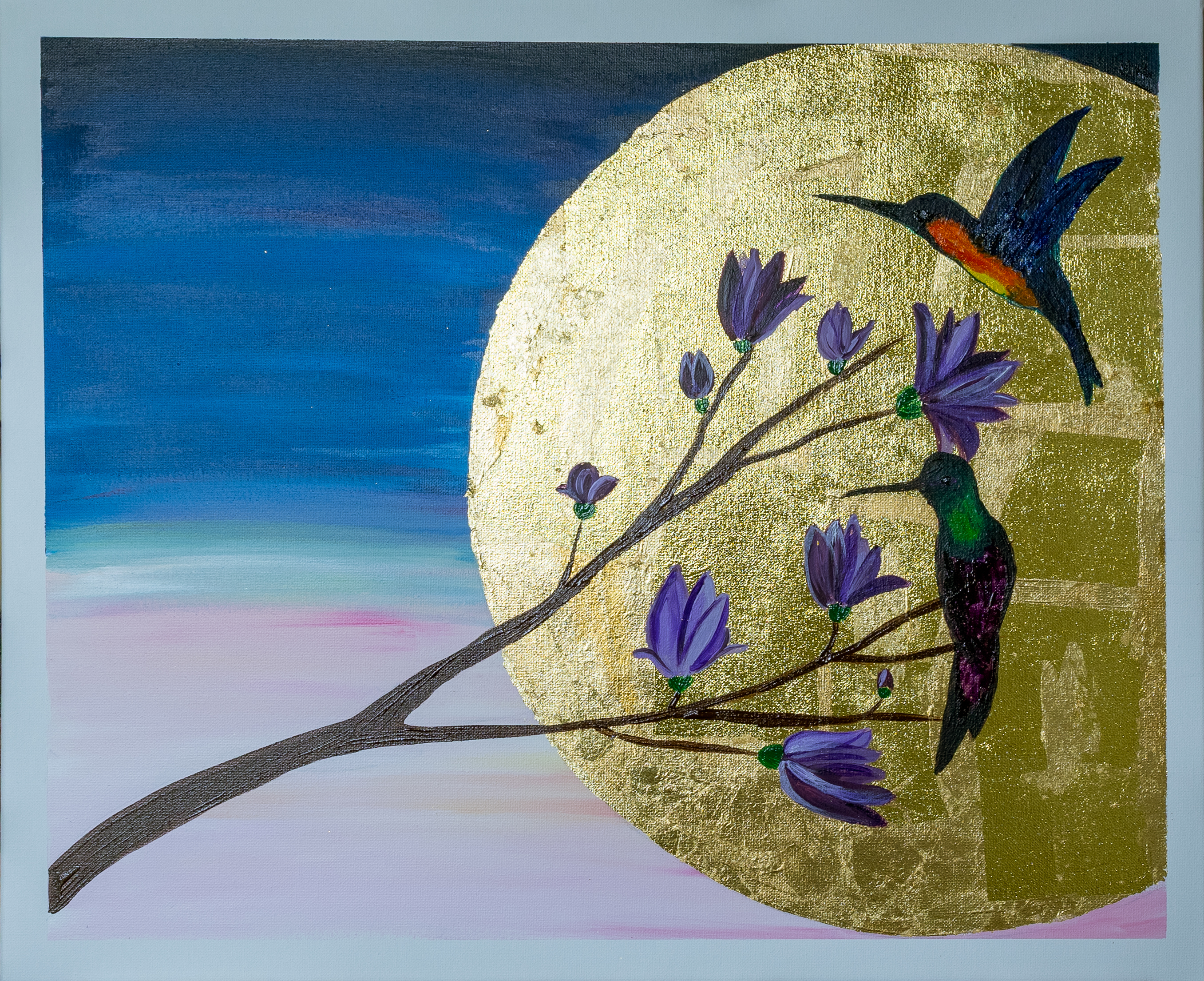 Hand-Painted Hummingbird Art- Blooming magnolia