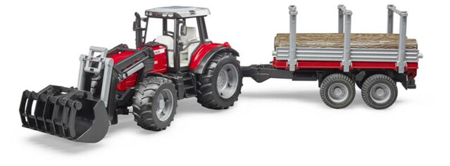 Bruder Massey Ferguson 7480 met voorlader, houttransportaanhanger en 3 boomstammen