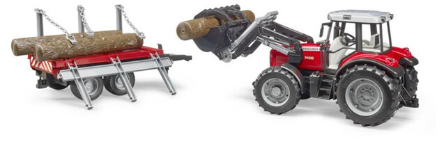 Bruder Massey Ferguson 7480 met voorlader, houttransportaanhanger en 3 boomstammen
