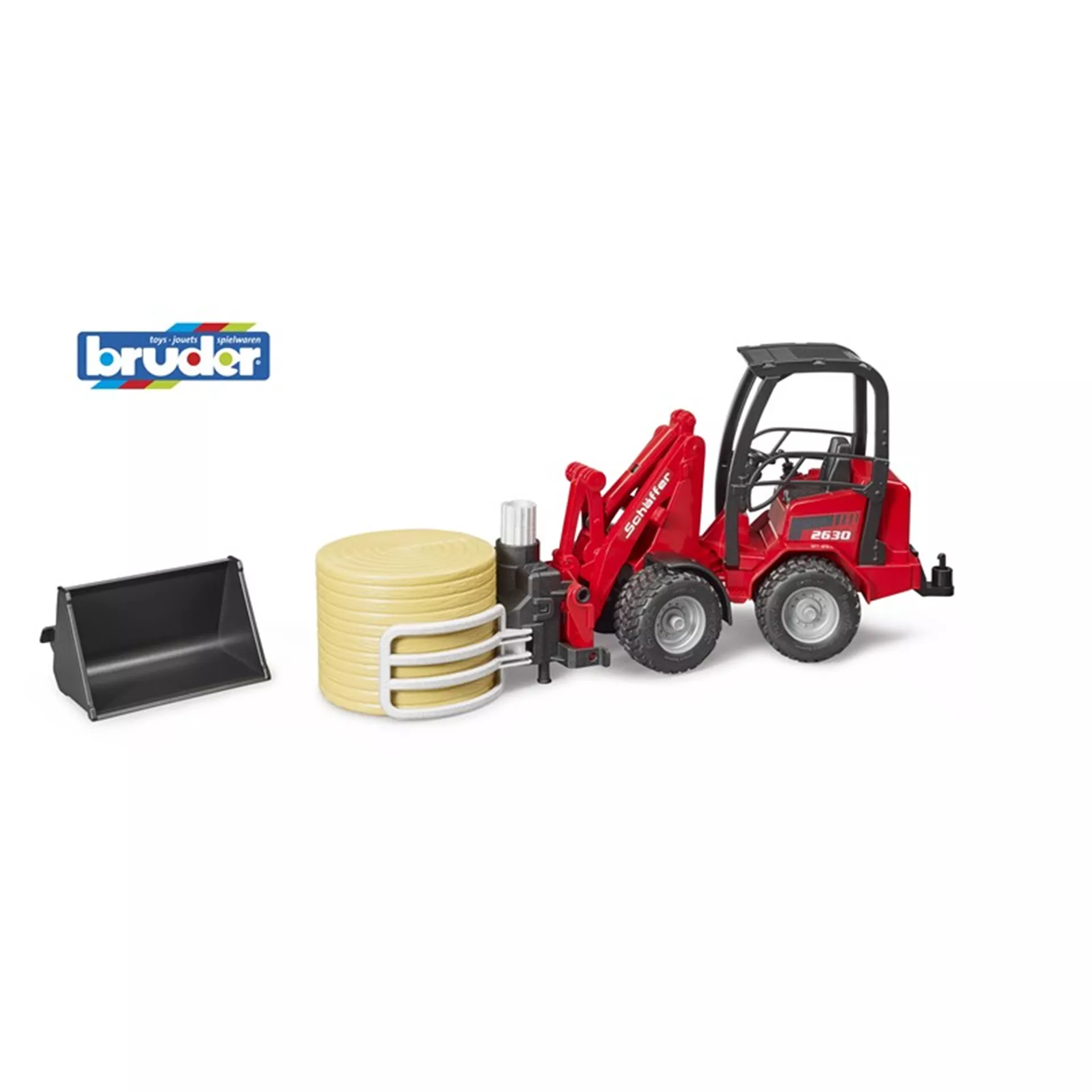 Bruder Schäffer landbouwlader 2630 met balengrijper + 1 ronde baal