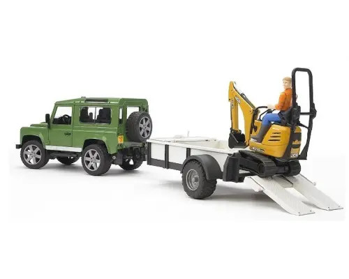 Bruder Land Rover Defender met aanhanger, JCB kraan en arbeider