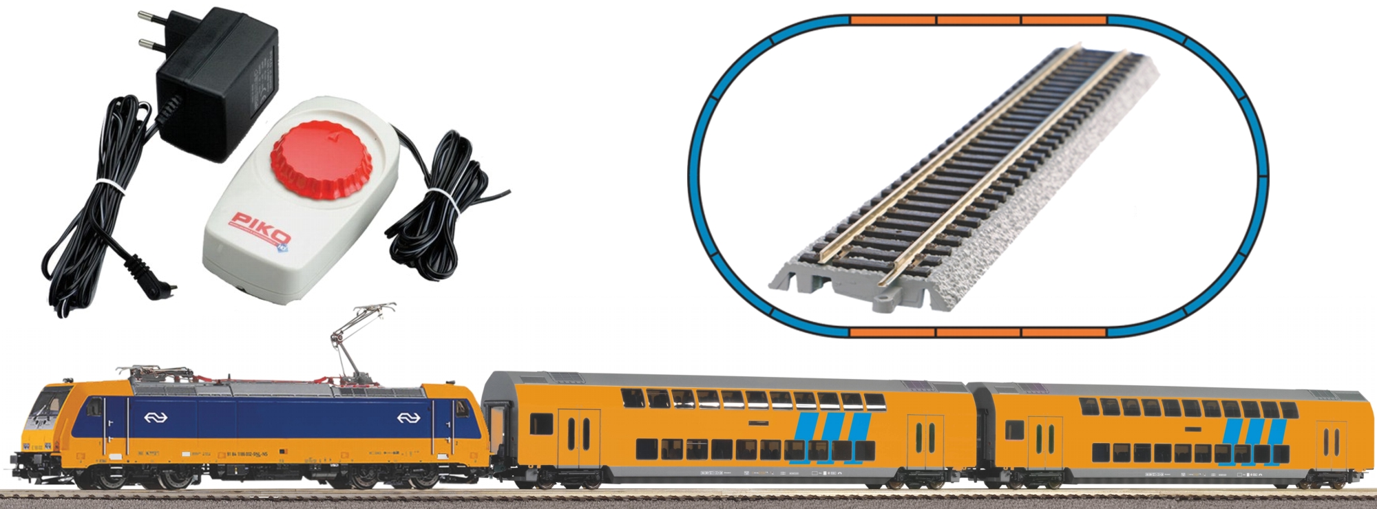 Piko H0 Startset 97939 Elektrische locomotief passagierstrein met 2 dubbeldekrijtuigen NS A-rails met bedding