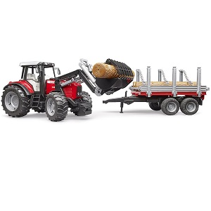 Bruder 2046 Massey Ferguson 7480 met voorlader, houttransportaanhanger en 3 boomstammen