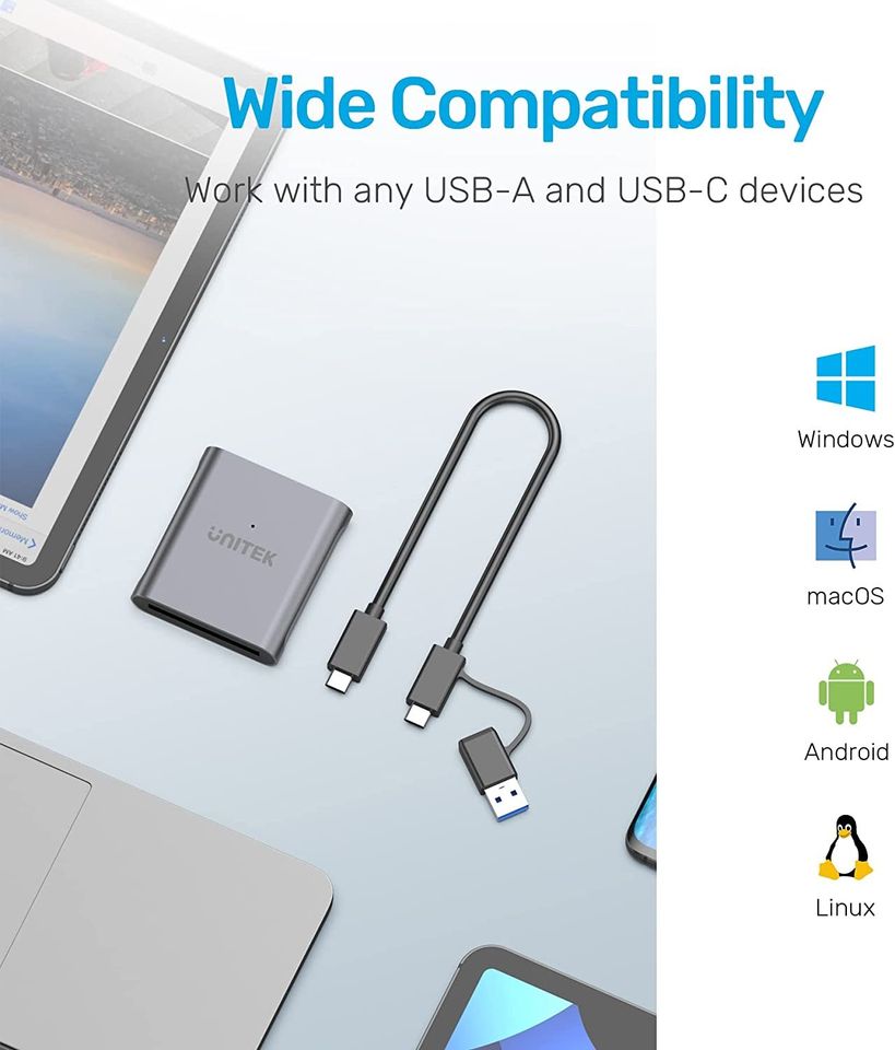 Lector De Memoria Cfast 2.0 USB-C Usb 3.1 de Aluminio, con LED. Unitek.