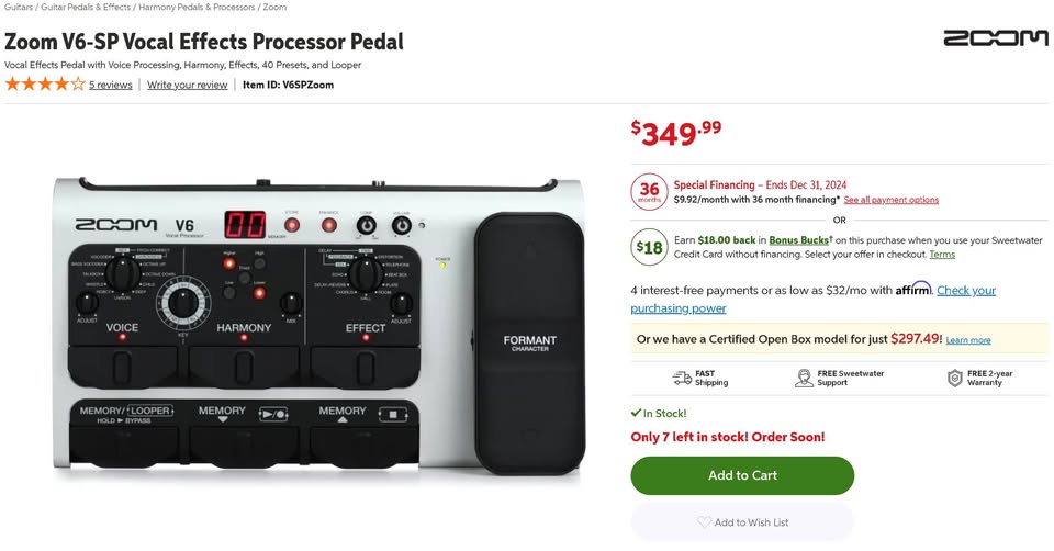 Zoom V6-SP Vocal Effects Processor, Looper, Pitch Correct (Auto Tune).