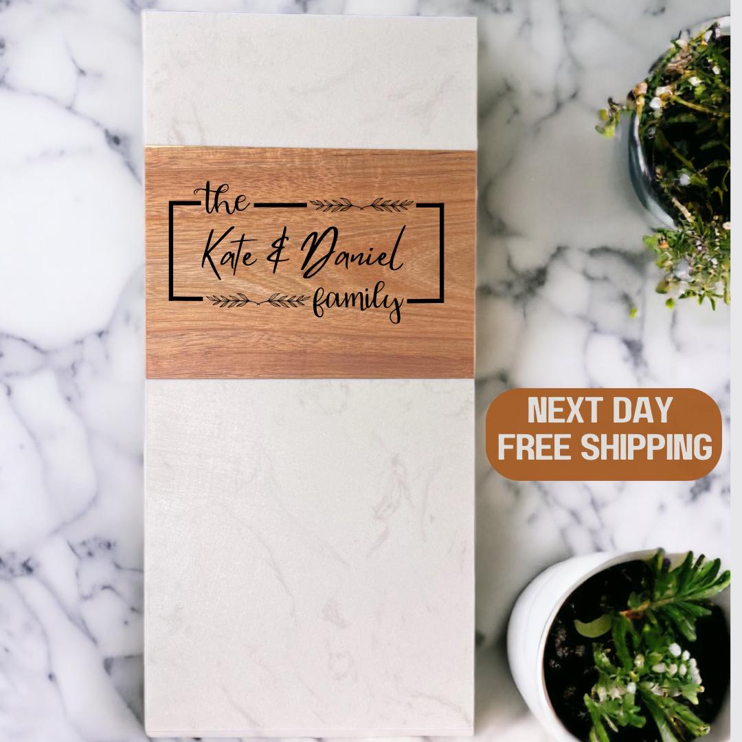 Personalized White Marble and Acacia Wood Cheese Board, Pastry Server Plate