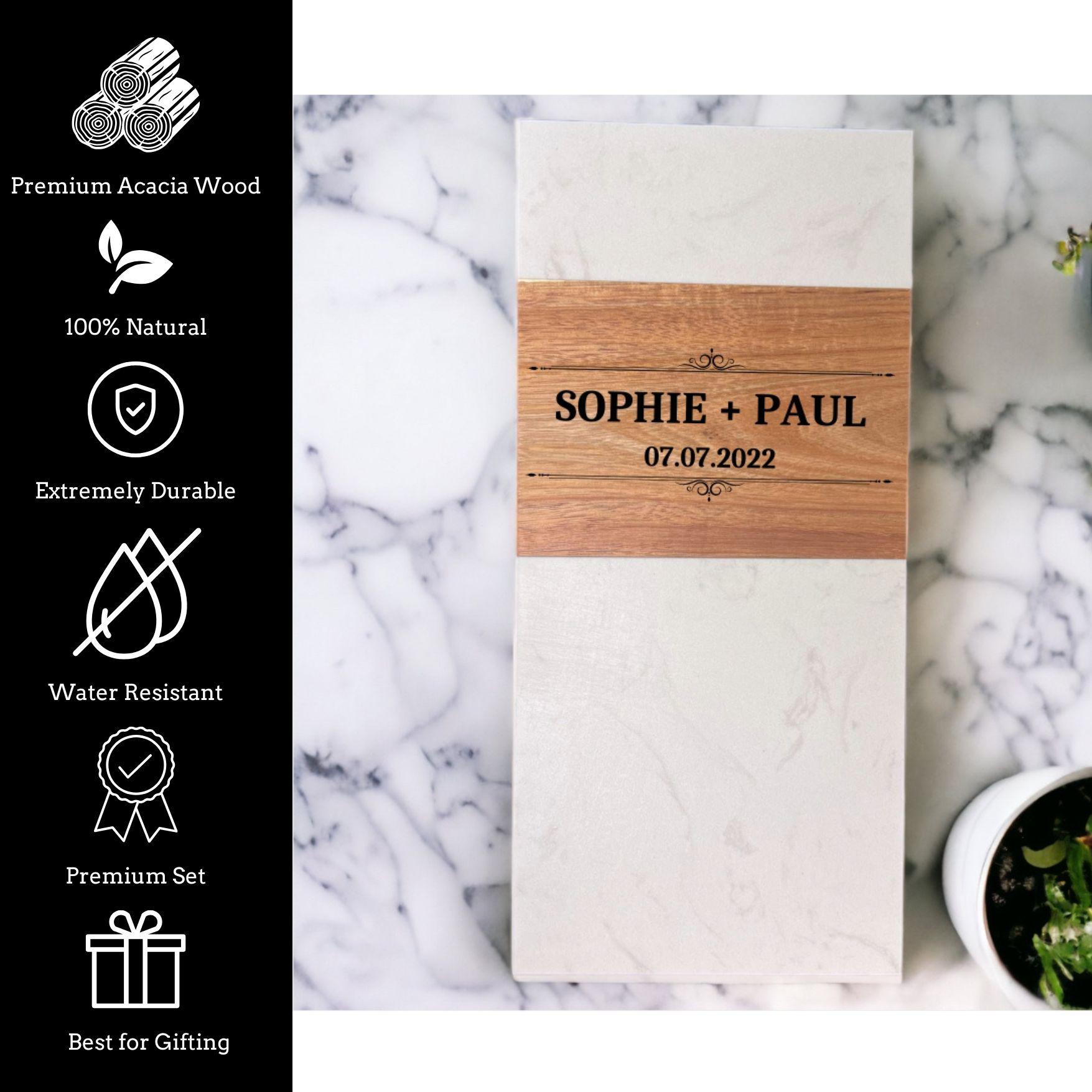 White Marble and Acacia Wood Cheese Board, Pastry Server Plate
