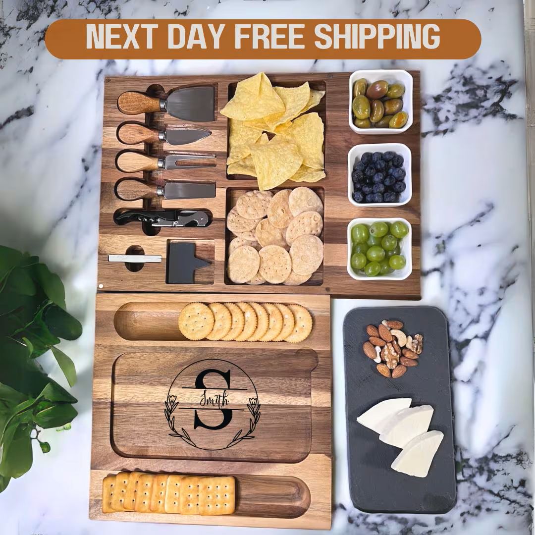 Personalized Cheese Board Set with Slate, Ceramic Bowls, Wine Opener, Cheese Knives- 13 Pieces