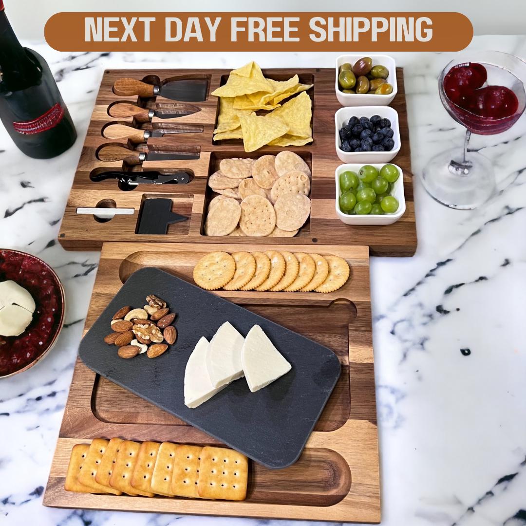 Personalized Cheese Board Set with Slate, Ceramic Bowls, Wine Opener, Cheese Knives- 13 Pieces